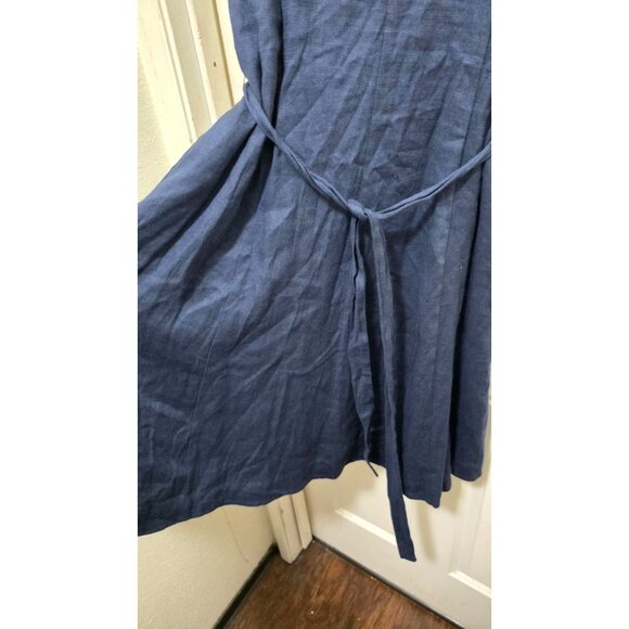 Lands' End Linen Sleeveless V-Neck Midi Dress Tie Waist Navy Blue Women's Size 1 - Picture 6 of 8